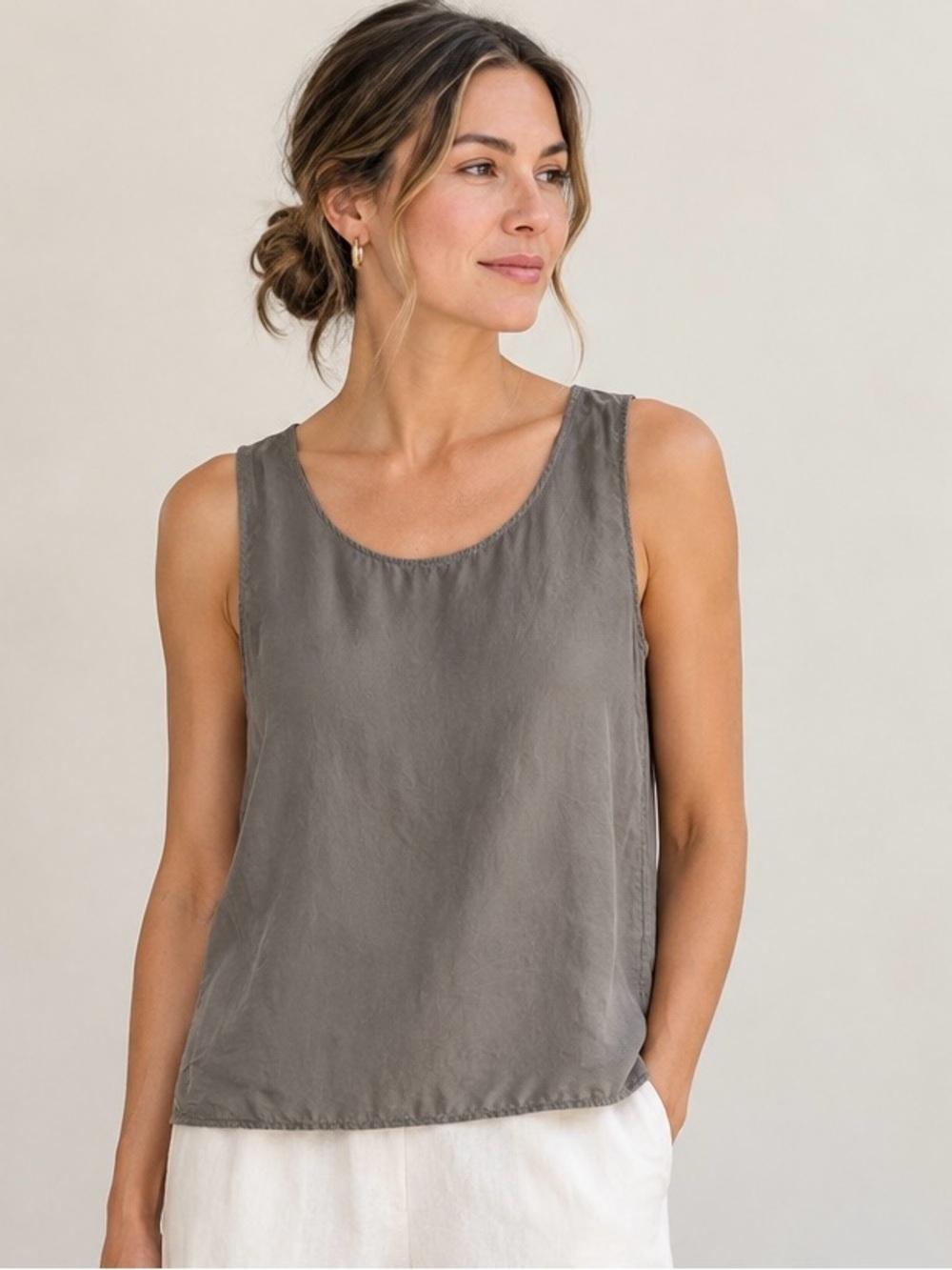 Garnet Hill 100% Silk Tank Top Gray Charcoal Scoop Neck Minimalist Office Work
